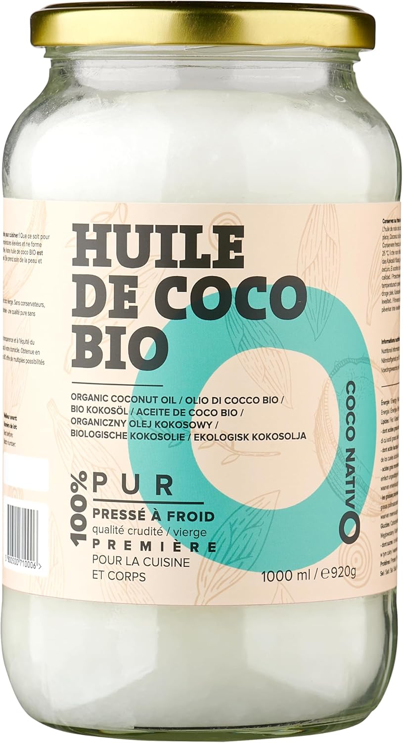 Huile de coco Bio CocoNativo 1000ml (1L) - Huile Coco - Coconut Oil - Extra Vierge et non Raffinée, Pure et 100% Bio - Idéale Pour Les Cheveux, Le Corps et Comme Aliment