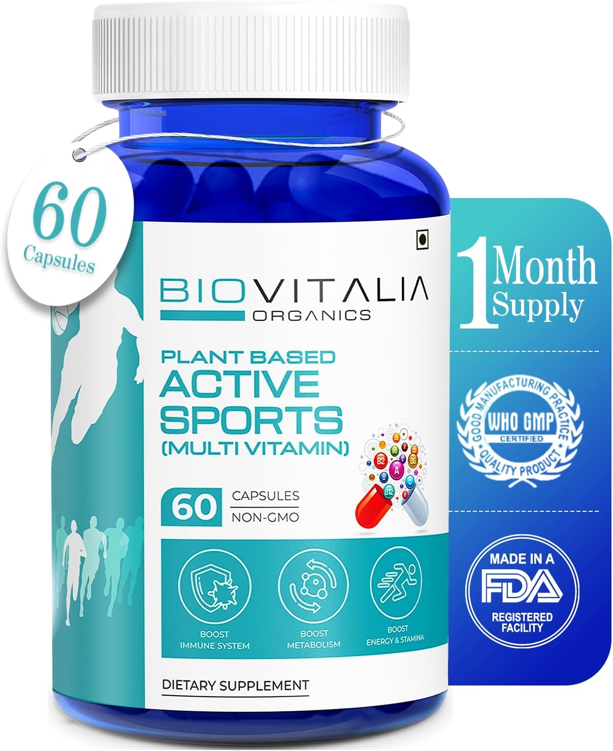 Capsule de complément alimentaire multivitaminé pour sports actifs à base de plantes - Promouvoir l'immunité - Favorise la croissance musculaire - Sans OGM - 60 Capsules Végétales