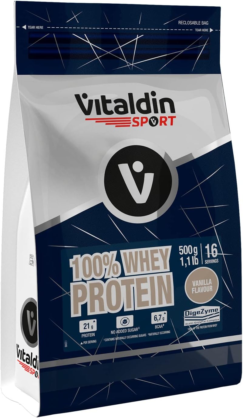 SPORT 100% Whey Protein 500 g – 100% Protéines de Lactosérumen en Poudre avec Digezyme - Renforcement Musculaire & Récupération – Goût Vanille – 6,7 g BCAA par portion – Sans Sucres Ajoutés