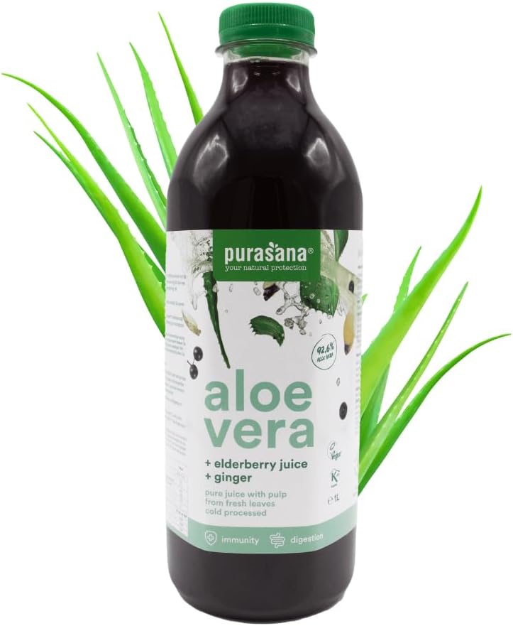 ® Jus d'Aloe Vera au Sureau et au Gingembre 1 litre - Gel Aloe Vera Bio a Boire Pur ou Dilué Sans Pulpe - Non Traité Chimiquement - Biologique, Végétalien