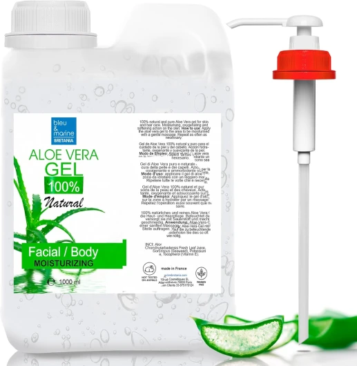 Gel d'Aloe Vera 100% Naturel Hydratant Visage Corps Masque Cheveux Après Epilation After Shave Soin Bébé Animaux Atténue Taches Brunes 1000 ml pompe doseuse