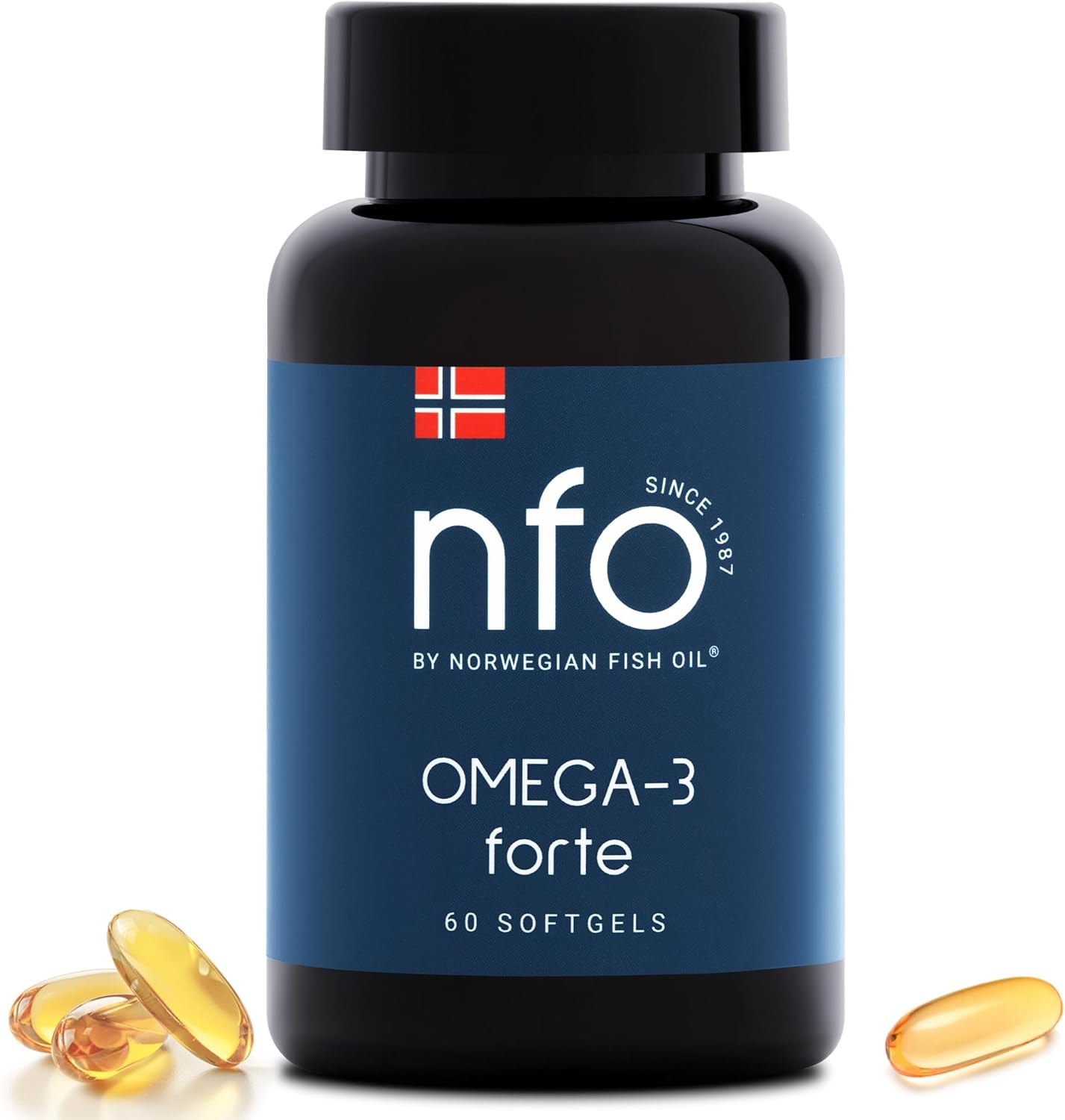 NFO OMEGA 3 FORTE [60 Capsules] Huile de poisson norvégienne avec une forte concentration d'EPA et de DHA, esters éthyliques et vitamine E Complément alimentaire naturel de poissons sauvages frais