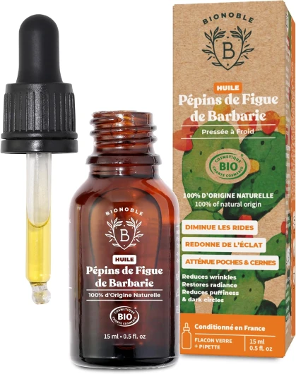 Huile de Pépins de Figue de Barbarie Bio 15ml + Pipette - Bouteille en Verre - 100% Pure, Naturelle, Pressée à Froid - Huile de Figue de Barbarie Bio Visage Anti-Âge et Anti Cerne Bio