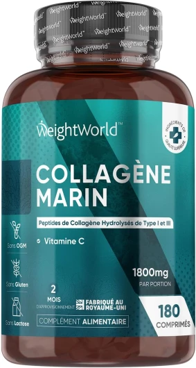Collagène Marin Type 1 et 3 Enrichi Vitamine C, 180 Comprimés Purs et Naturels Alternative aux Gélules, Collagène Marin Hydrolysé 1836mg 2 Mois de Stock, Pour Peau, Os, Ongles et Cartilage EFSA