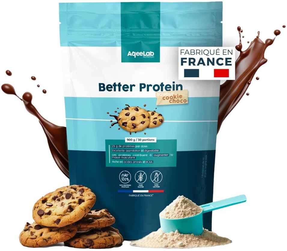 Better Protein • Saveur Cookie 900 g • 100% Végétales : assimilation & digestion maximales • Mieux que de la whey • Apport en Protéine • Testé en laboratoire • Made in FR • Ecoresponsable • Aqeelab
