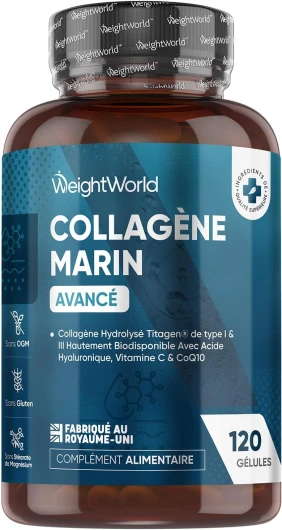 Collagène Marin Acide Hyaluronique, 120 Gélules de Peptides de Collagene Marin Hydrolysé, Type 1, 3 Enrichi en Vitamine C, Zinc et Coenzyme Q10 Riches en Acides Aminés