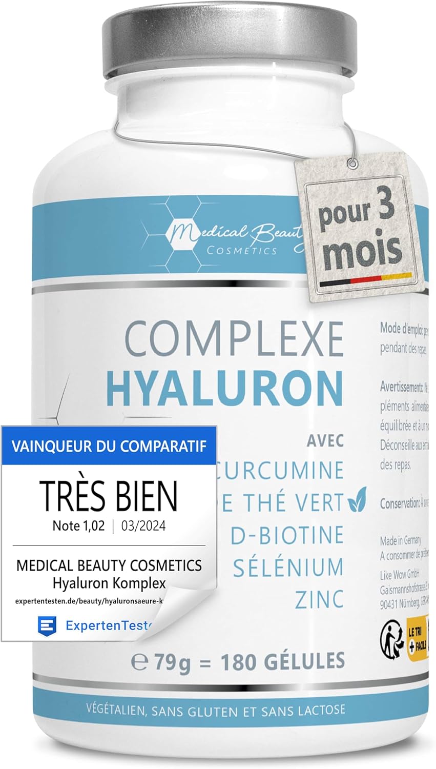 180 Gélules d'Acide Hyaluronique haute dose avec Zinc - 600mg d'Hyaluron avec Curcumine et Extrait de Thé Vert – Capsules d'Hyaluron véganes avec Biotine, Sélénium, sans additifs.