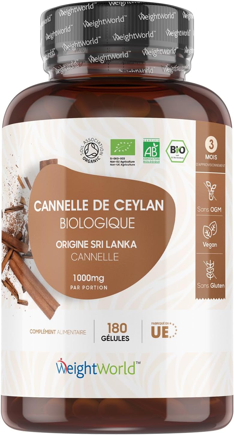 Cannelle de Ceylan Bio 1000mg - 180 Gélules Vegan (3Mois) - Source de Vitamine A, Vitamine K, Potassium - Cannelle Bio Ceylan Sans Additifs & Sans Gluten - Certifiée AB & Testée en Laboratoire