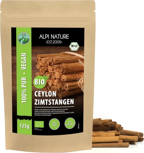 Bâtons de cannelle de Ceylan biologique (125g), cannelle entière issus de culture biologique certifiée, sans gluten, sans lactose, testés en laboratoire, végétaliens, 100% naturelle