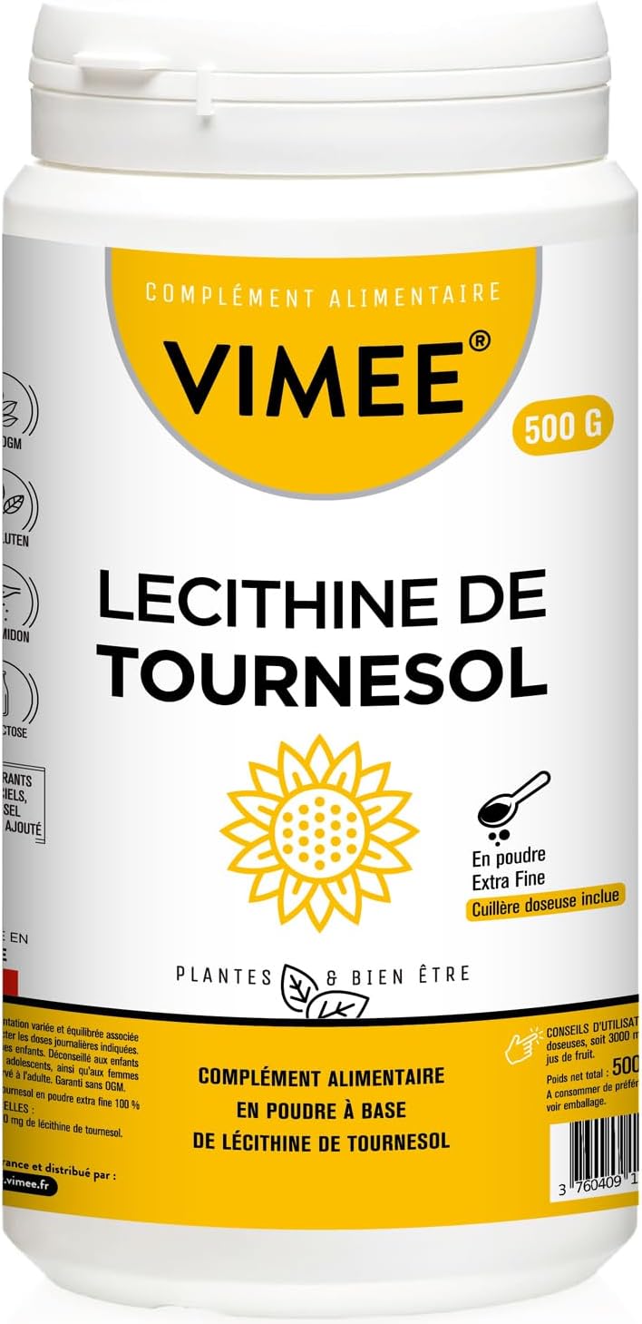Lécithine de Tournesol en Poudre Vimee - Complément et Additif Alimentaire à Base de Phospholipides de Tournesol - Foie, Cerveau - 500 G - 500 Jours
