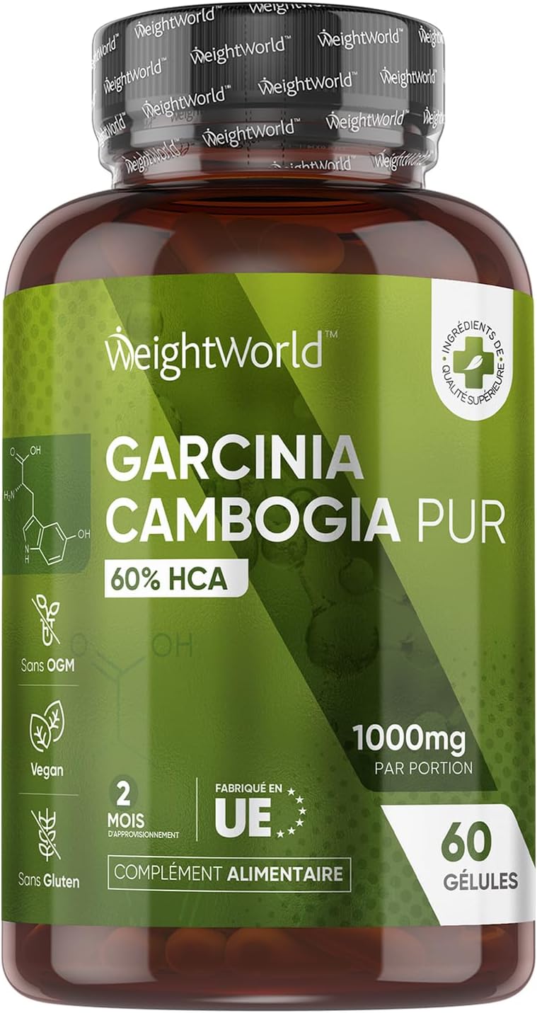 Garcinia Cambogia Extrait 60% HCA - 60 Gélules Vegan - Garcinia Cambogia Extra Fort Riche en Acide Hydroxycitrique - Source Vitamine C et Chrome - 1000mg/ Jour (2 Mois) Idéal Pour Diet Detox, Keto