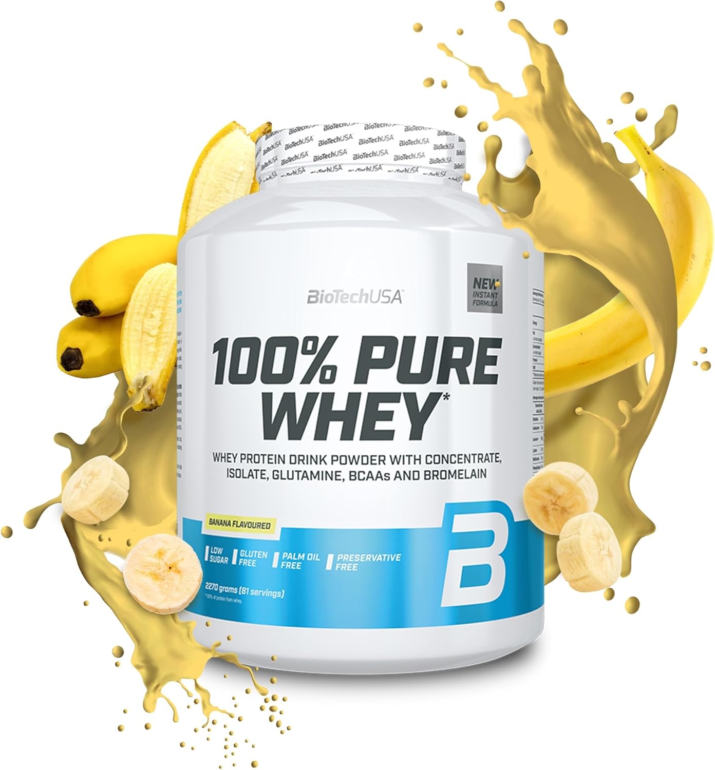 100% Pure Whey - Poudre de protéines avec BCAA et Glutamine - Sans gluten, sans huile de palme - 21g de protéines par portion, 2.27 kg, Banane