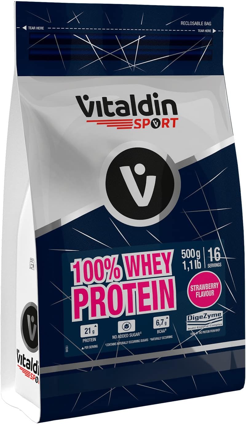 SPORT 100% Whey Protein 500 g – 100% Protéines de Lactosérumen en Poudre avec Digezyme - Renforcement Musculaire & Récupération – Goût Fraise – 6,7 g BCAA par portion – Sans Sucres Ajoutés