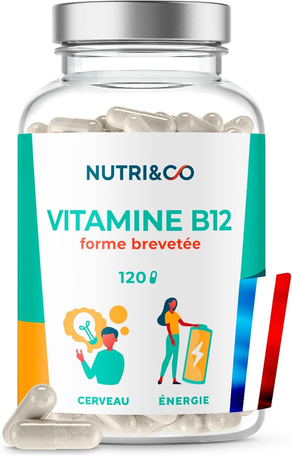 NUTRI & CO Vitamine B12 Vegan 1000 mcg - Méthylcobalamine Brevetée Pure & Biodisponible - Haute Absorption - Anti Fatigue & Immunité - 120 gélules Sans Gluten - Conditionné en France