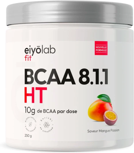 BCAA 8.1.1 - Acides Aminés en Poudre - 8g de Leucine + 1g de Citrulline par Dose - Construction et Récupération Musculaire - Efficace Contre l’Acide Lactique - Mangue Passion 250g - Eiyolab