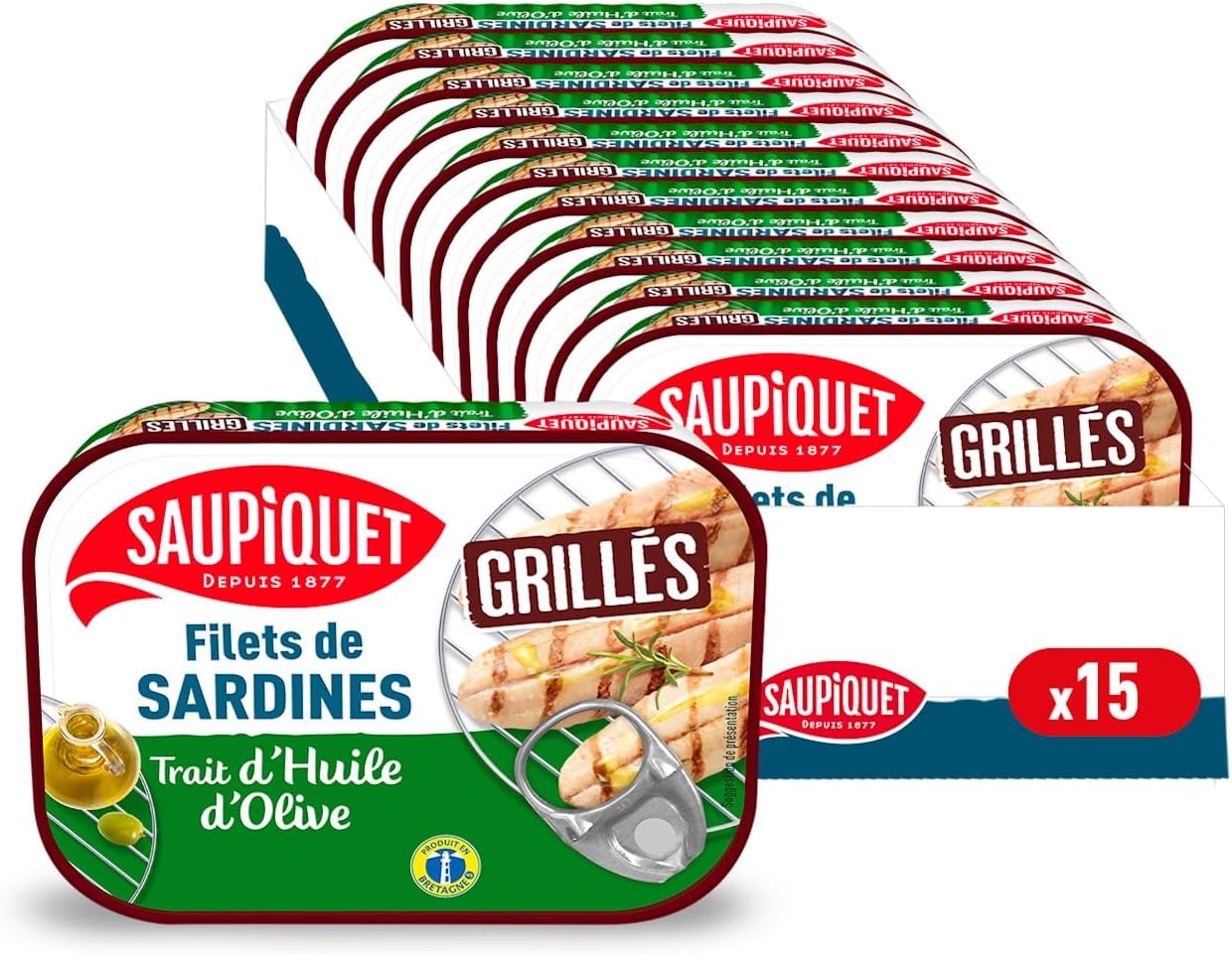 SAUPIQUET - Filets de Sardines Grillés à l'Huile d'Olive Vierge Extra - Sans Arêtes - Sans conservateurs, colorants ni arômes artificiels - Issus d'une Pêche Traçabilité Garantie - 15 Conserves (70 g)