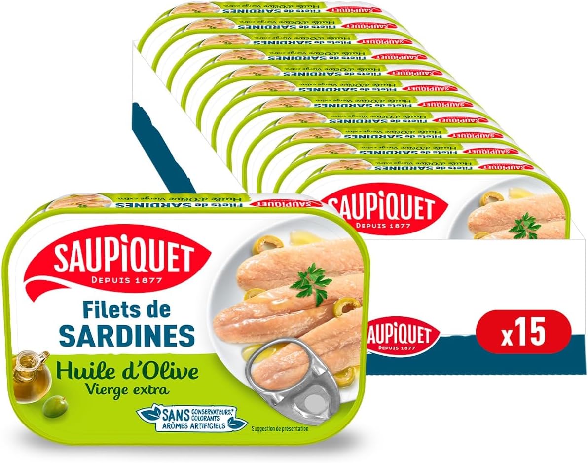 SAUPIQUET - Filets de Sardines à l'Huile d'Olive Vierge Extra - Sans Arêtes - Sans conservateurs, colorants ni arômes artificiels - Issus d'une Pêche Traçabilité Garantie - 15 Conserves (100 g)