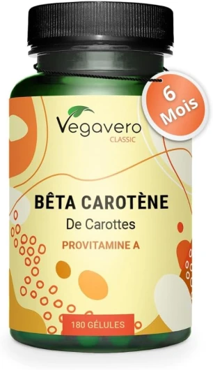 Bêta Carotène Vegavero® - 100% NATUREL & Vegan - Sans Additifs - Bronzage & Protection Peau - Extrait de Carotte Riche en Vitamine A - 180 gélules (6 mois)