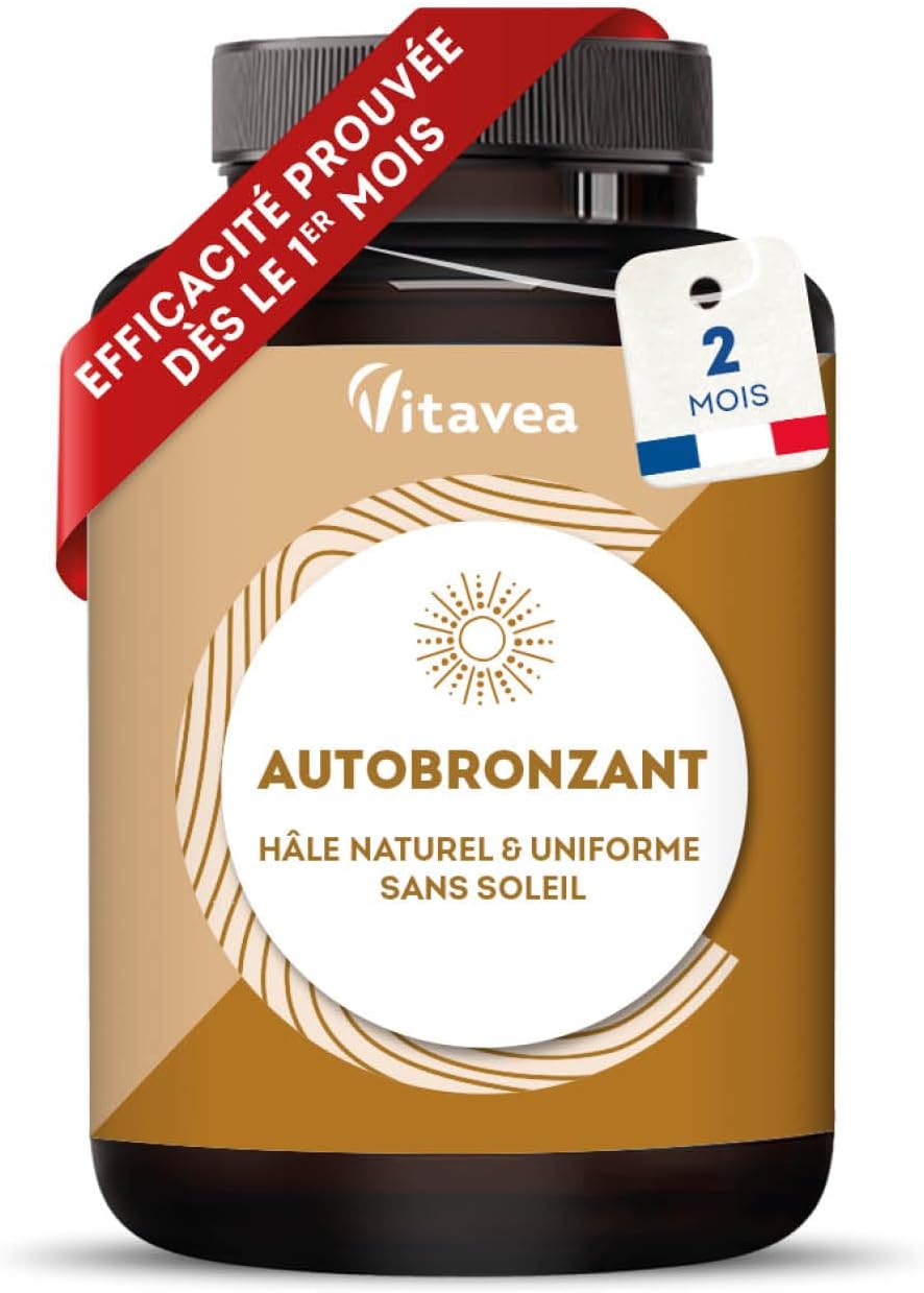 Autobronzant Gélules - Efficacité Prouvée Dès 1 Mois - Pigments Naturels - Hâle Naturel & Uniforme Sans Soleil - Effet Bonne Mine & Bronzage Progressif - Cure 2 Mois - Fabriqué en France - Vitavea