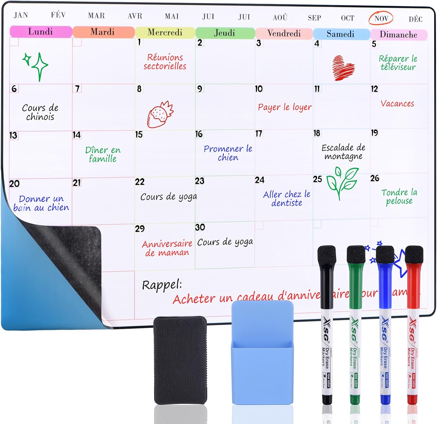 60x40 cm Calendrier Adhesif Tableau blanc Planning Mural, Planificateur Mensuel/Semainer effaçable parfait pour Planification des Tâches, Organiseur Hebdomadaire Repas familial - en Français