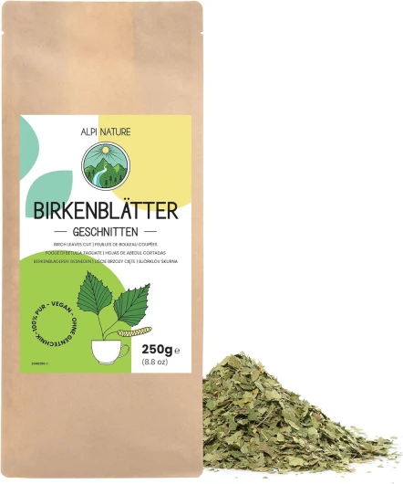 Feuilles de Bouleau Coupées 250g par Alpi Nature, Thé en Feuilles en Vrac, Feuilles d'Arbre de Bouleau Séchées pour la Préparation de Thé de Bouleau, Thé de Feuille de Bouleau et Tisane