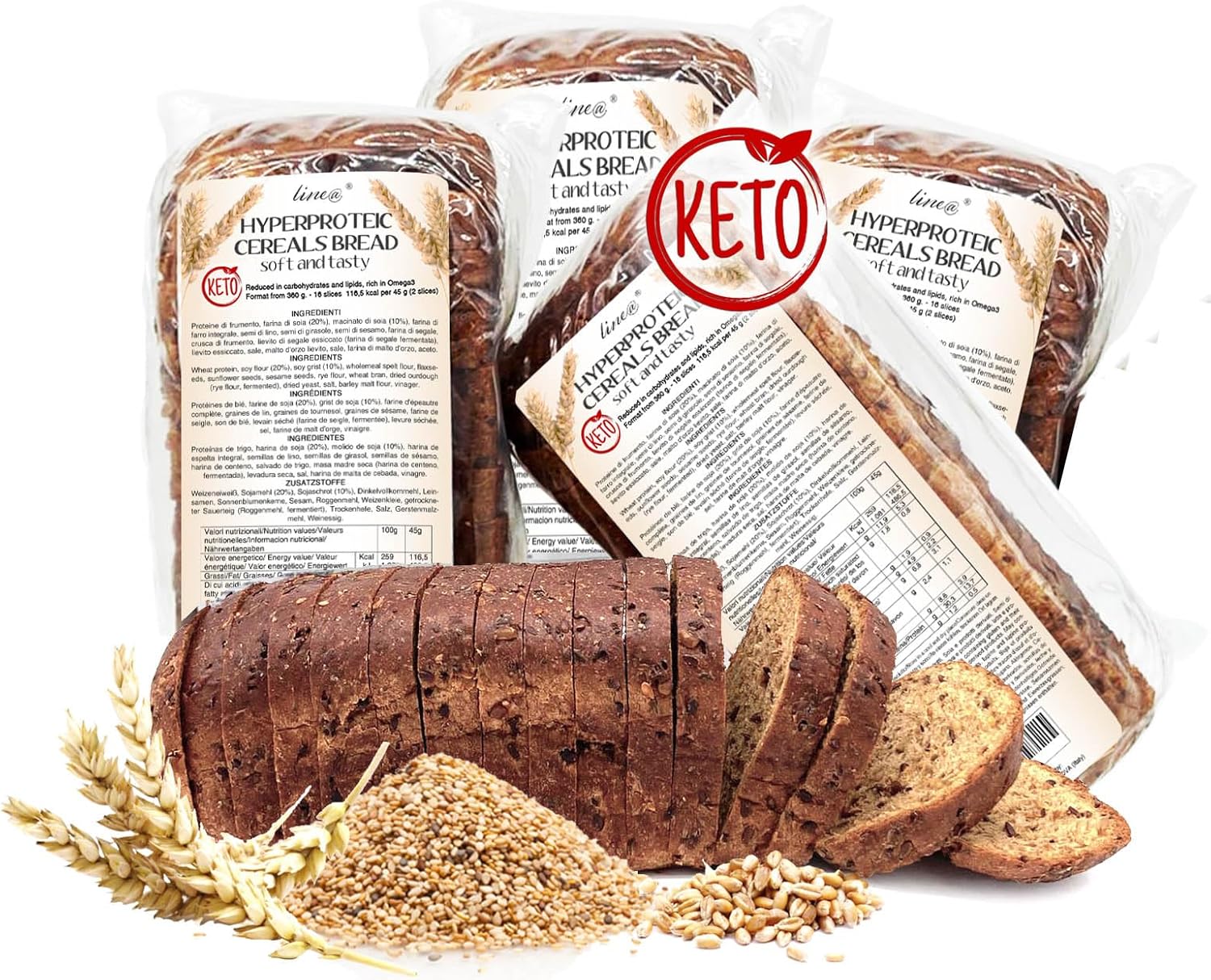 4 paquets de pain protéiné avec céréales Line@diet - riche en protéines, pauvre en glucides, hypocalorique, sans sucre