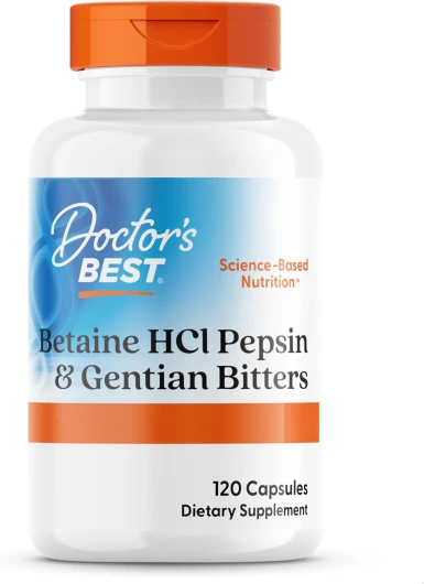 Doctor's Best, Betaine HCI avec Pepsine et Gentiane Amère, 650 mg, 120 Capsules molles, Hautement Dosé, Testé en Laboratoire, Sans Soja, Sans Gluten, Non-GMO