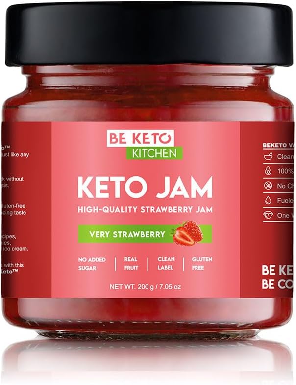 BeKeto Keto Jam – Confiture cétogène très fraise 200 g à faible teneur en glucides, végétalienne, sans gluten, naturelle et complètement sans sucre.