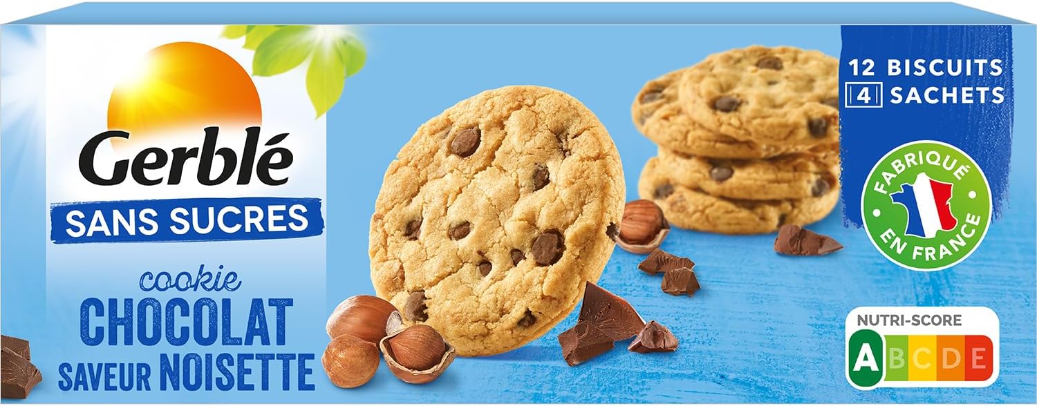 Sans Sucres Cookie Chocolat saveur Noisette - Source de Fibres et Sans Huile de Palme - 1 boîte 130g (4 sachets de 3pcs )