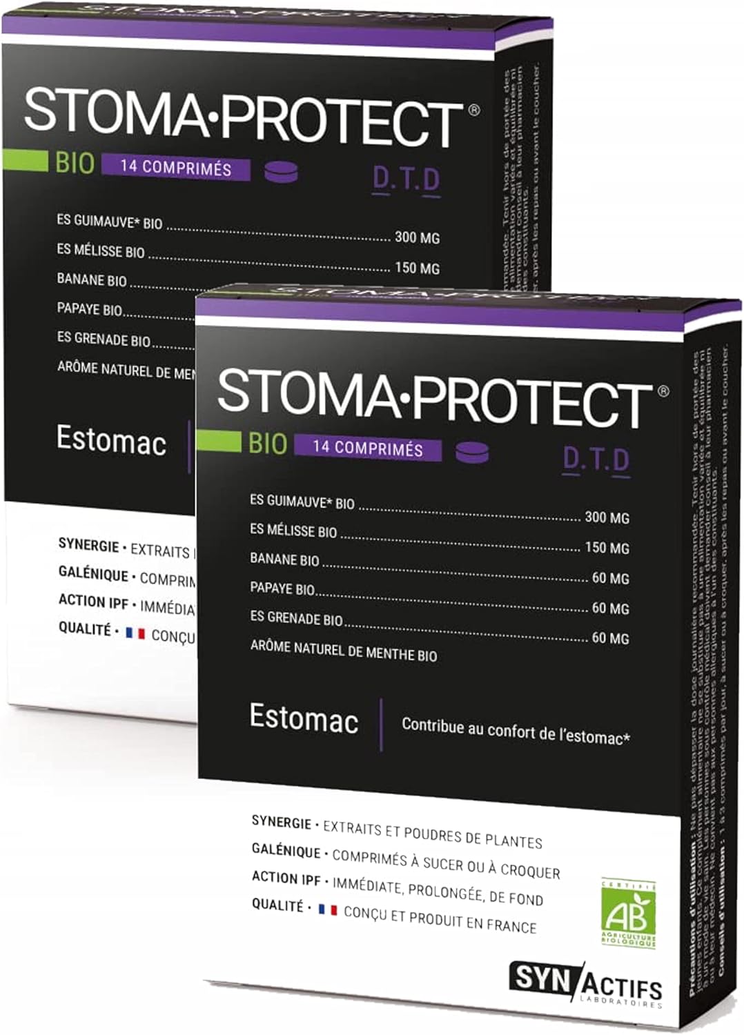 Synactifs Lot de 2 StomaProtect Bio - Complément Alimentaire Confort Digestif - Guimauve, Mélisse, Banane, Papaye et Grenade - 28 comprimés - 10 à 28 jours de prise - Fabriqué en France