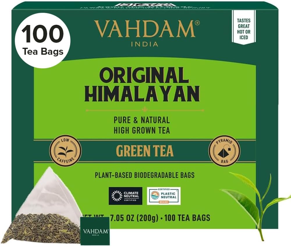 , Himalayan Thé Vert (100 Sachets De Thé Pyramid) Thé Vert Faible En Caféine - Directement De La Source En Inde - Infusion Chaude/Glacée