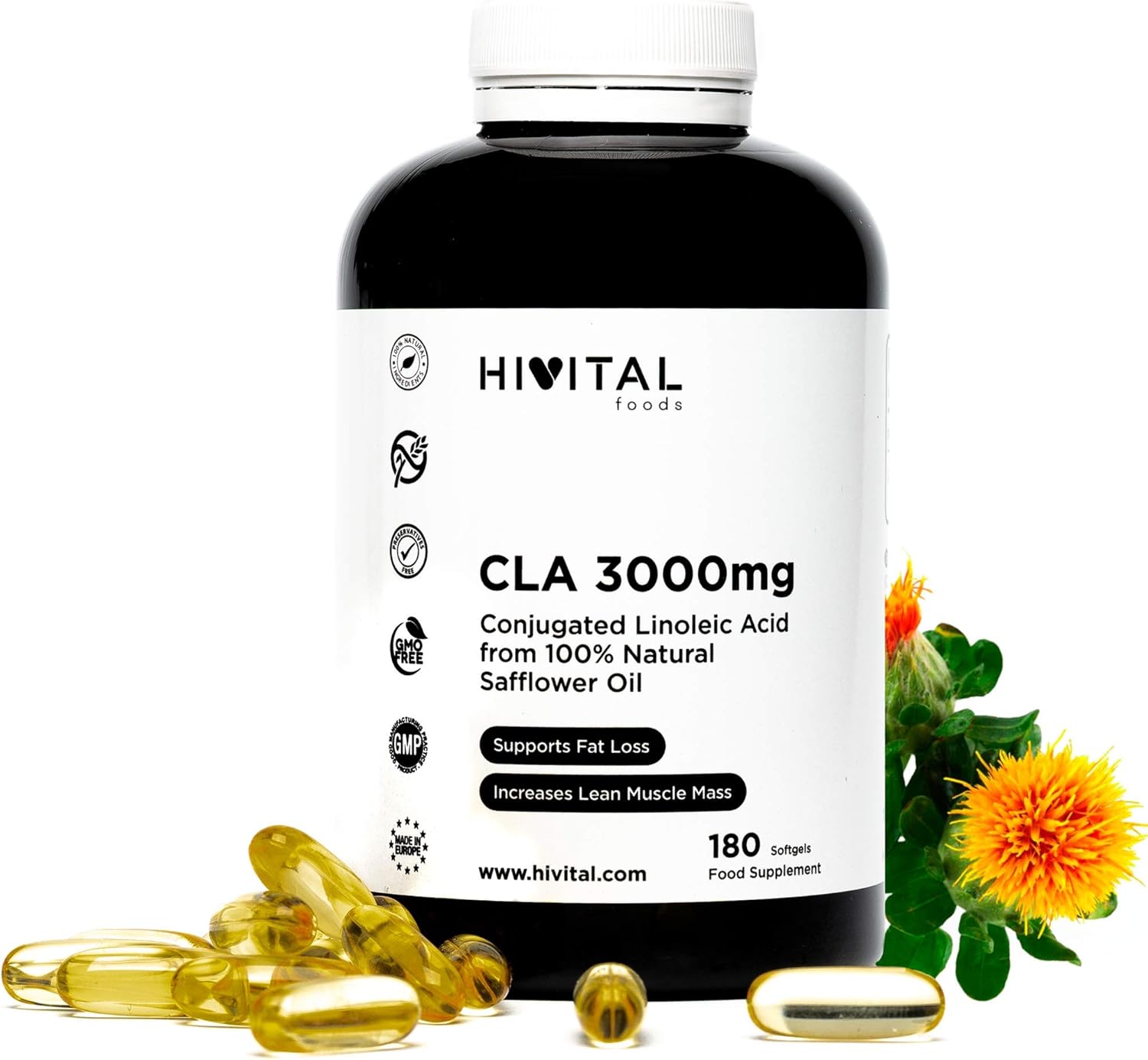 CLA Acide Linoléique Conjugué 3000 mg par dose - 180 perles à base d'Huile Végétale de Carthame 100% Naturelle pour 2 mois de traitement - Fabriqué en Europe par HIVITAL