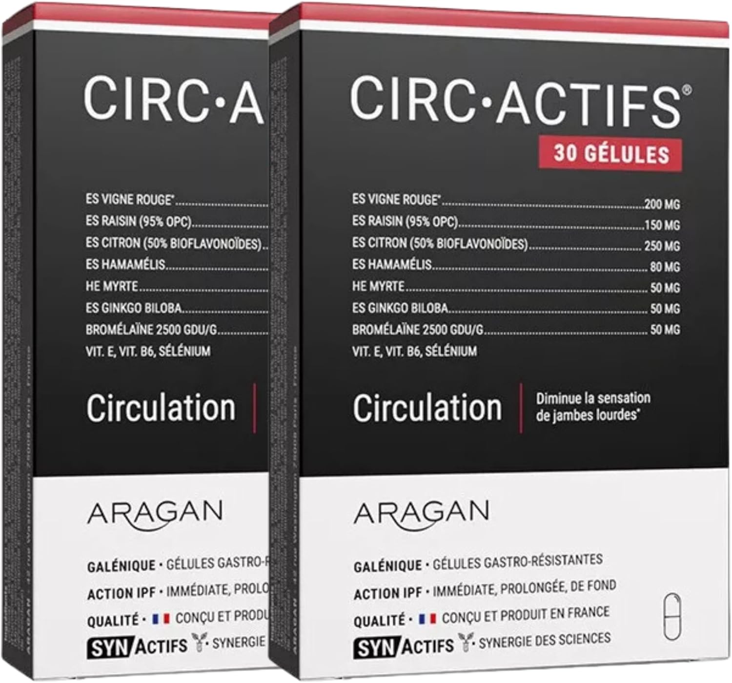 Synactifs Lot de 2 Circactifs - Complément Alimentaire Circulation, Jambes Lourdes - Vigne Rouge, Raisin, Citron, Sélénium, Huile essentielle - 60 gélules - 1 mois de prise Fabriqué en France