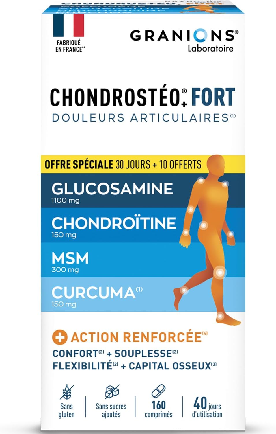 Chondrostéo+ FORT Articulations - Formule Renforcée- Mobilité & Souplesse Articulaire, Flexibilité, Capital Osseux - Glucosamine, Chondroïtine, MSM, Harpagophytum - 160 comprimés