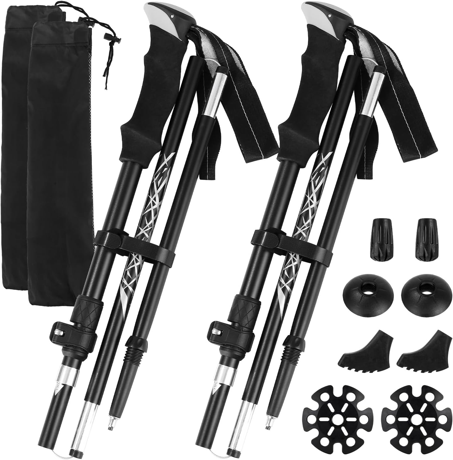 Bâtons de Randonnée, 110-130 cm Baton de Marche Nordique - Telescopique & Pliable - Aluminium & Carbone,avec Tampon en Caoutchouc Supplémentaire et Un Sac Portable pour Trekking Homme & Femme