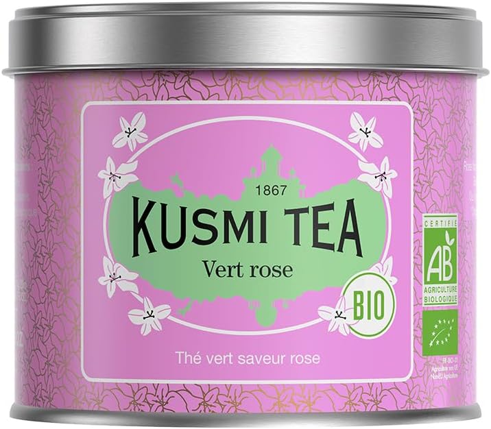 Vert Rose Bio - Thé Vert Biologique aux Arômes Naturels de Rose - Thé Vert Aromatisé - Boîte en Métal 100g - Quantité pour environ 50 Tasses
