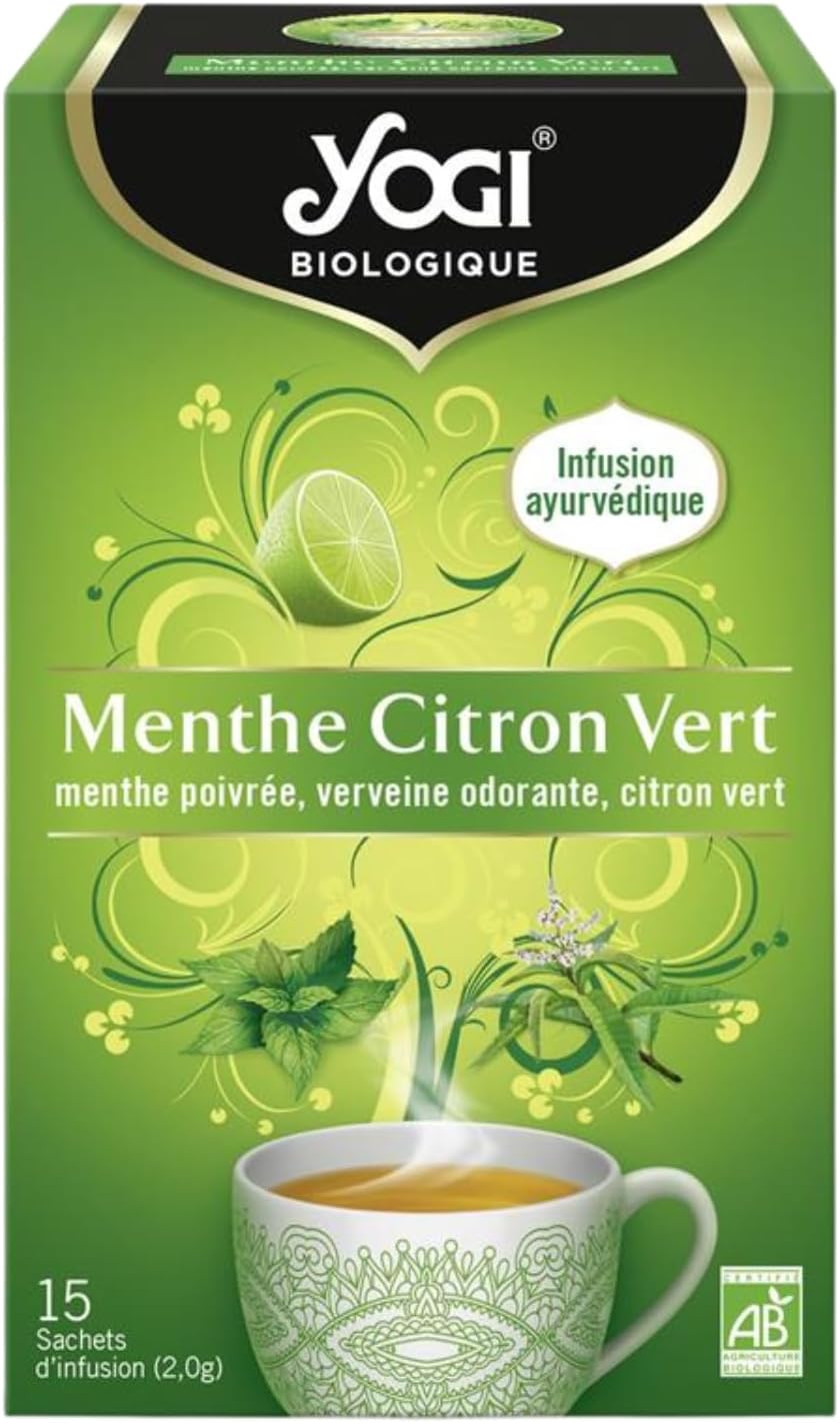 Biologique Menthe Citron Vert, Infusion 100% Bio Menthe poivrée, Verveine, Citron Vert, 15 Sachets thermosoudés et sans agrafe, 30g, 312316