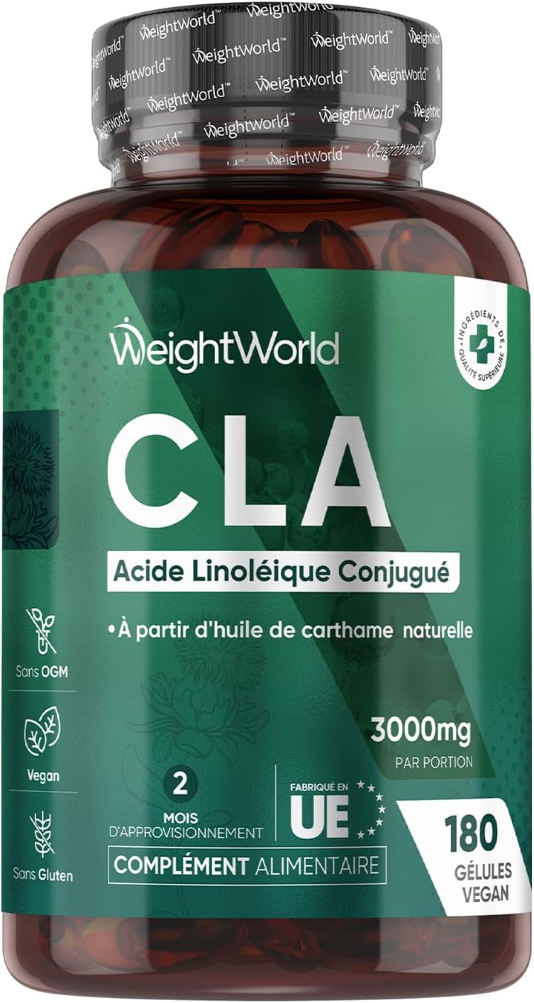 CLA 3000mg par Jour, Vegan - Source d'Omega 6 Acides Gras Essentiels - 80% Acide Linoléique Conjugué 180 Gélules Pour 2 Mois - Issu d'Huile de Carthame Alternative à L Carnitine, Fabriqué en UE