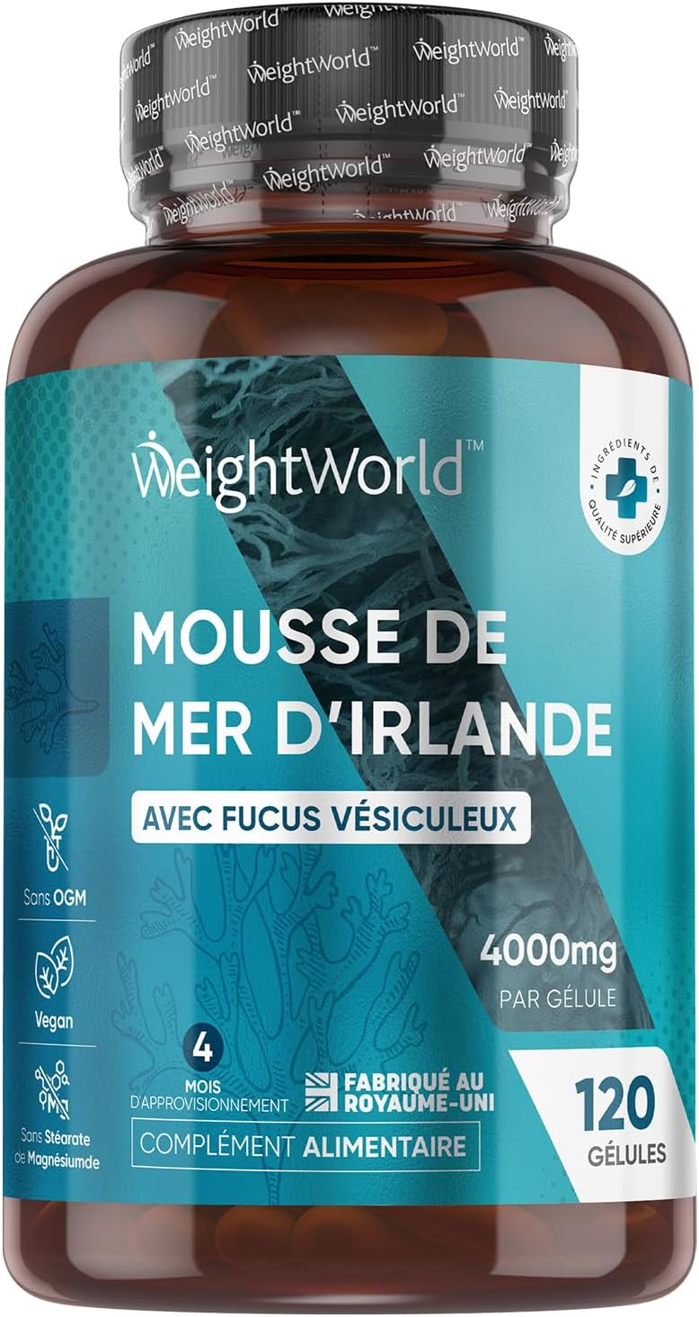 Irish Sea Moss 4000mg - 120 Gélules Vegan Pour 4 Mois, Source Riche en Multivitamines & Minéraux - Iode, Calcium, Magnésium, Potassium & Vitamine C - Extrait de Mousse de Mer Irlandaise en Gélules