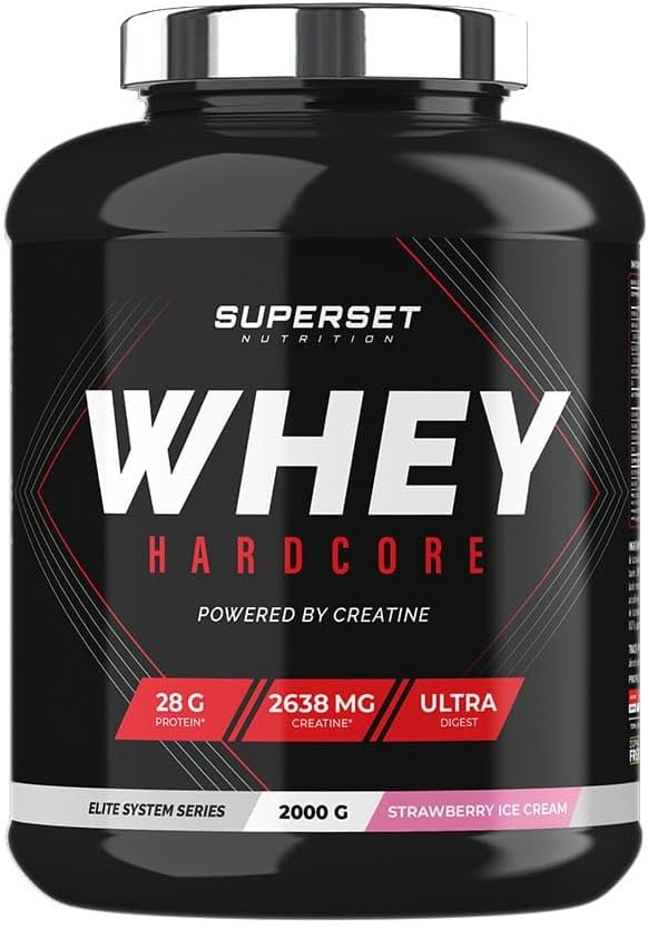 Whey Hardcore (2kg) - Combo explosif de Whey, Créatine et Taurine Zinc et Vitamine D3 - Plus d'intensité dans les entraînements, Digestion optimisée - Strawberry Ice Cream