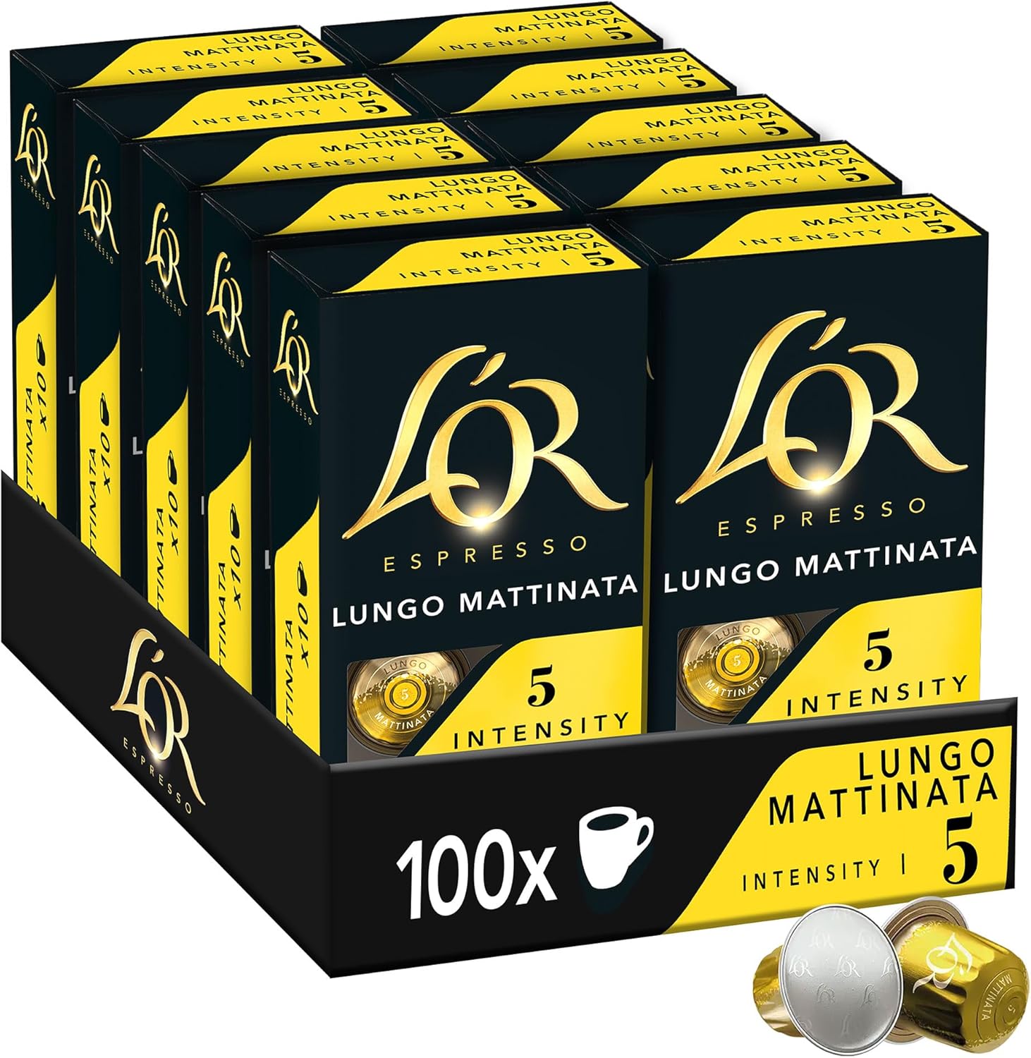 L'OR - Café Espresso - Lungo Mattinata - Intensité 5 - Saveurs Chocolat et Agrumes - 10 lots de 10 capsules aluminium