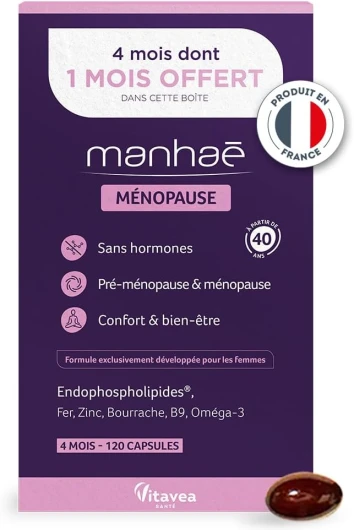 Vitavea Manhaé-Complément Alimentaire Ménopause Pré-Ménopause Sans Hormones-Confort & bien-être -Acide Folique, Omega 3, Zinc, Fer-120 gélules - Cure de 4 mois-Fabriqué en France