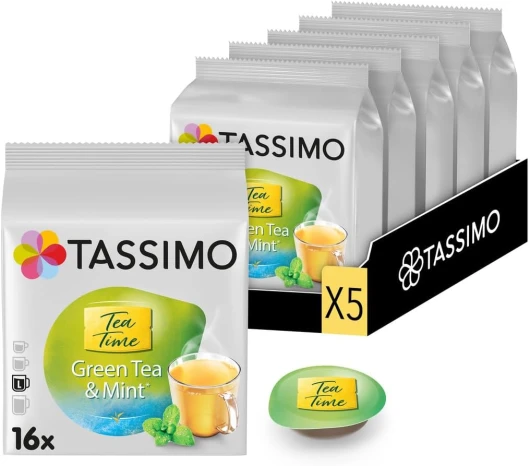 , 80 Dosettes, Thé Vert à la Menthe Tea Time, Compatibles avec les machines TASSIMO, 80 Thés Vert Menthe, Subtil et Frais, 5 packs de 16 dosettes