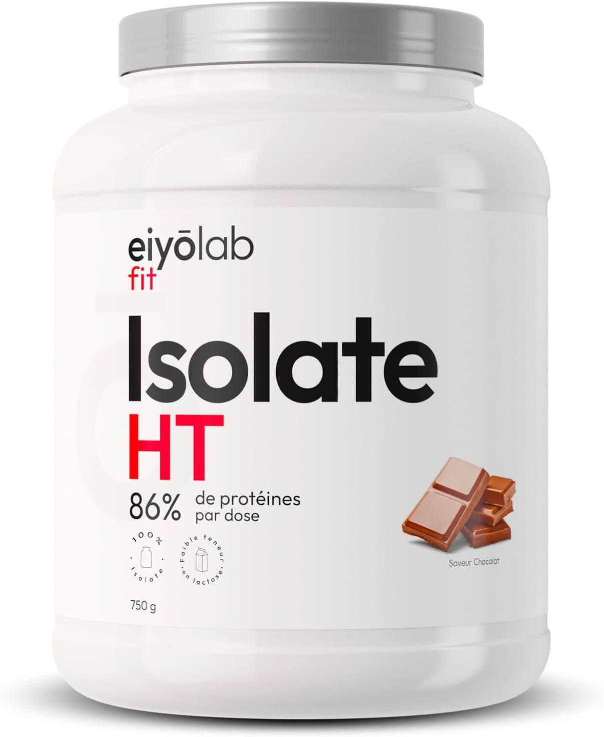 ISOLATE HT, Isolat de Protéines en Poudre, Jusqu’à 90% de Protéines, Riche en BCAA + Glutamine, Musculation Rapide, Texture Onctueuse Goût Chocolat, Faible en Lactose, 750G, Eiyolab