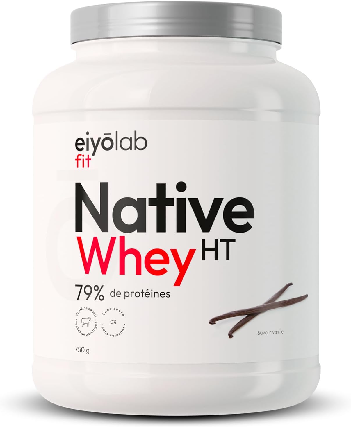 WHEY NATIVE HT - 80% de protéines - 100% Lactosérum Natif Non Dénaturé - Riche en BCAA - Proteines Musculation Rapide - Digestibilité Optimale - Texture Onctueuse Goût Vanille - 750g - Eiyolab
