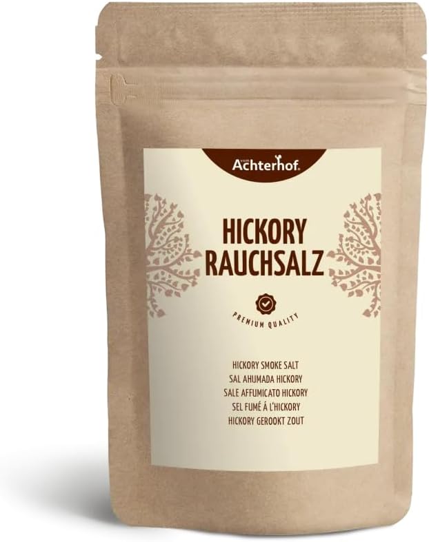 Sel fumé Hickory 500g - à l'arôme exquis de fumée - sel pour barbecue américain - idéal pour les sauces, les marinades ou pour la préparation de rôtis ou de viandes grillées - vom Achterhof