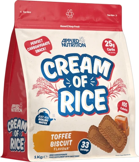 Complément de Crème de Riz, Crème de Riz pour Entraînement Riche en Glucides, Source d'Énergie pour Collation, Facile à Digérer, Vegan (1kg, Toffee Biscuit)
