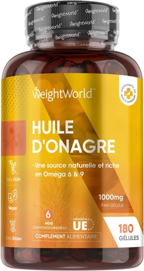 Huile d'Onagre Pressée À Froid 1000mg - 180 Gélules Vegan À Multi Usages Pour 6 Mois - Riche En Oméga 6 & 9 Pour Femme & Homme Avec Acide Linoléique, Oléique & Gamma-linolénique, Testé par Eurofins