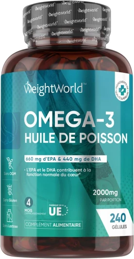 Huile de Poisson Oméga 3 Gélules 2000mg, 240 Gélules pour 4 Mois - Avec EPA 660mg & DHA 440mg, Fish Oil Omega 3 Sans Odeur, Selon l'EFSA, l'EPA et le DHA Contribuent au Fonctionnement Normal du Cœur