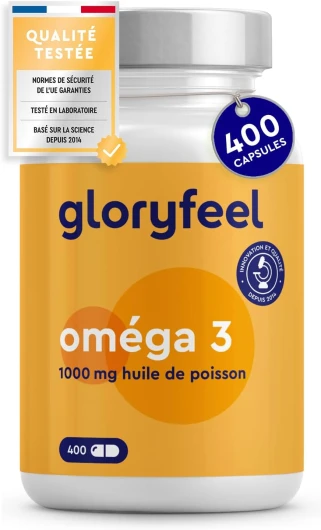 Oméga 3 1000mg Huile de Poissons Sauvages, 400 Gélules Biodisponibles, EPA 180mg DHA 120mg pour +1 An, Haute Concentration Acides Gras, Soutient le Cerveau, Cœur, Tension Artérielle, Pêche Durable